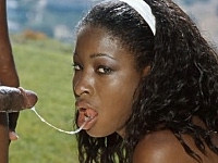 Black Babe Giving Cum Dripping Blowjob Outside