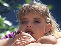 Chubby blonde licking her huge tits while flaunting her bearded clam outdoors!