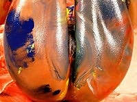 Tanned blonde painting her gorgeous body and bearded clam!