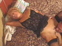 Blonde MILF in lingerie spreads as guy eats her pussy 