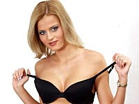 Pretty blonde babe sexily stripping off hot black lingerie